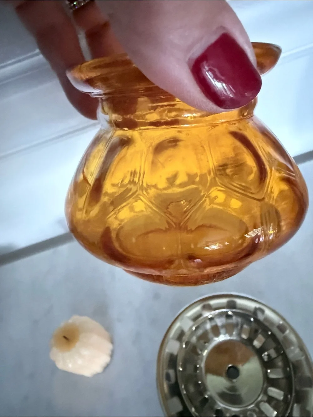 Vintage Amber Glass Candle Holder with Silver-Tone Base